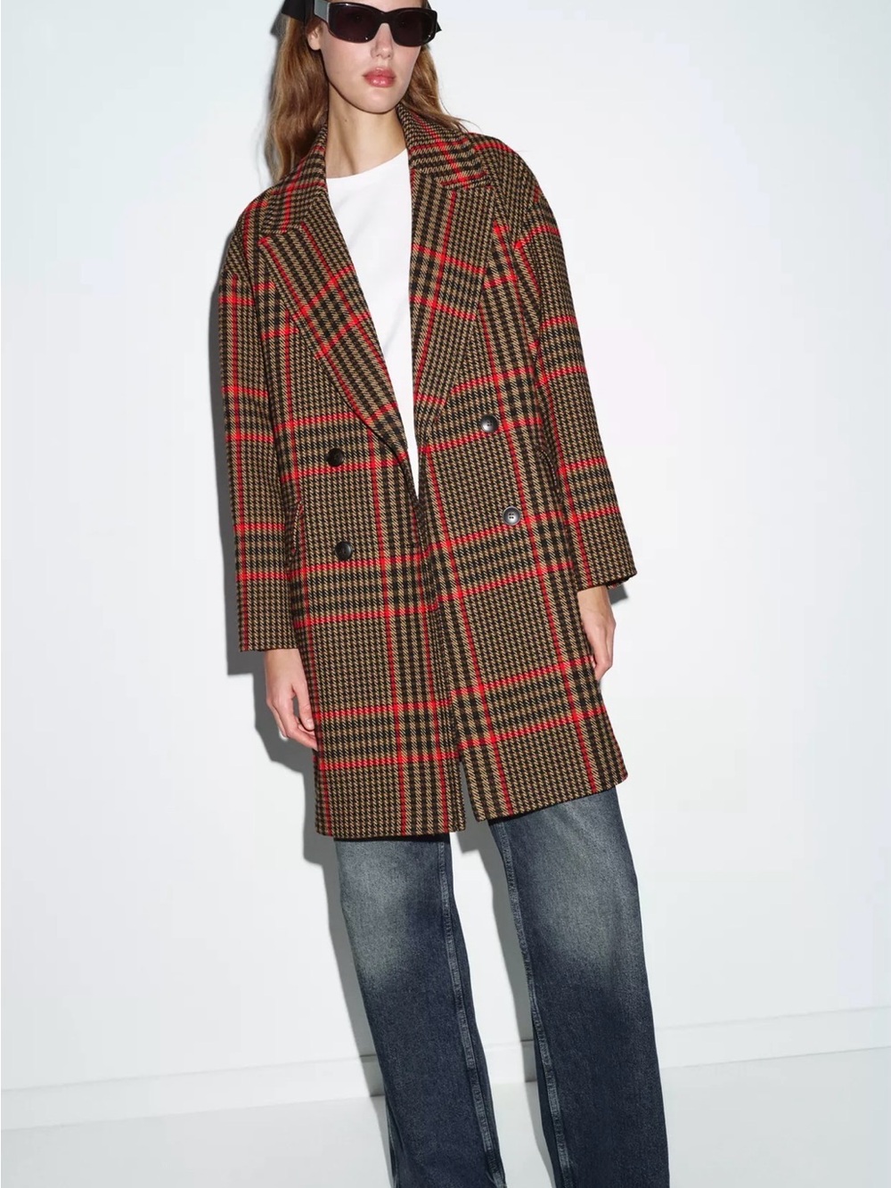 Zara Checked Double-Breasted Pea Coat in Red and Brown